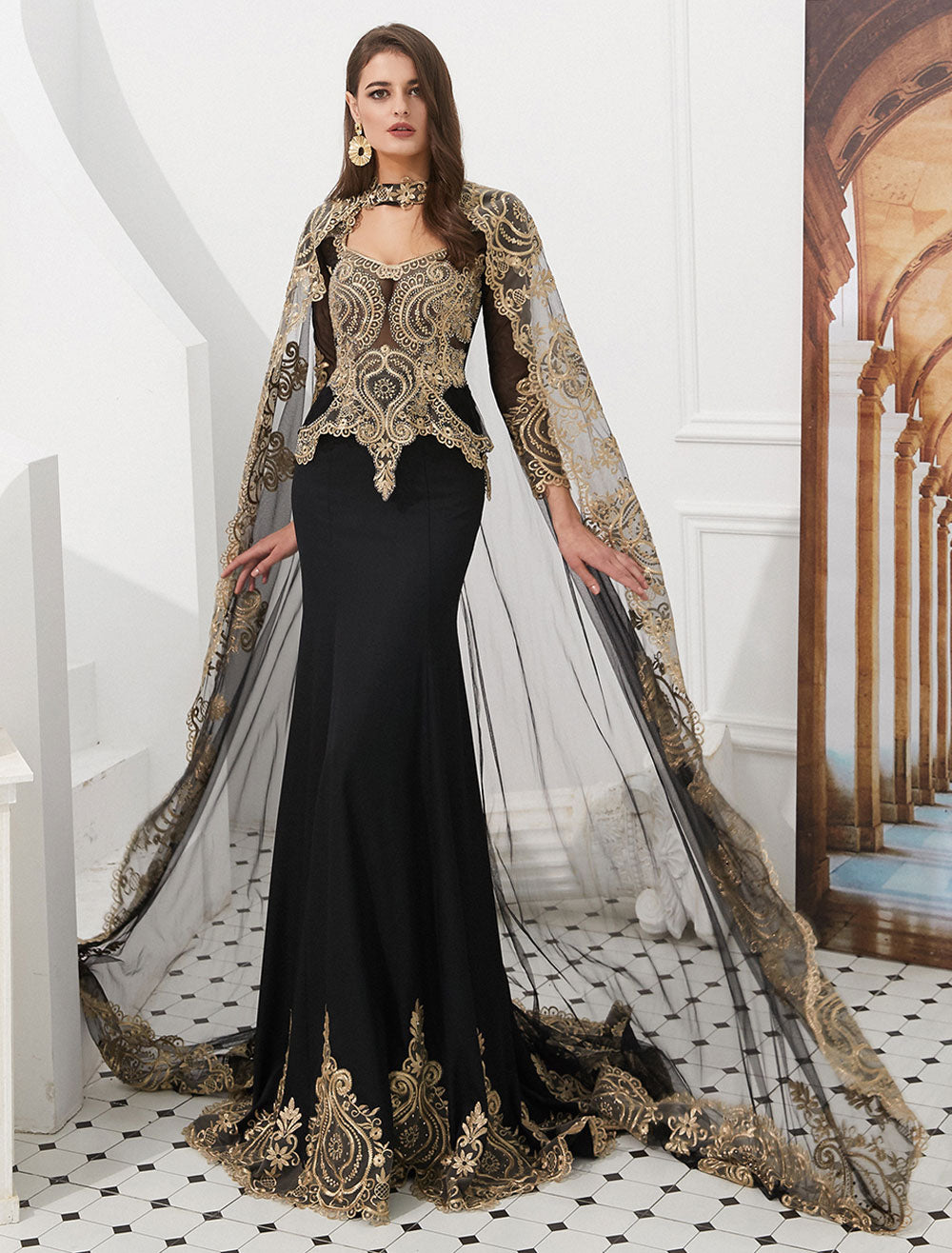 Gorgeous Luxury Evening Dresses Embroidered Beaded Queen Anneneck Long Sleeve Formal Gowns With Cloak-showprettydress