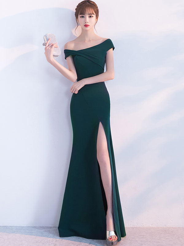 Gorgeous Mermaid Dress Oblique Short Sleeve Long Evening Dresses Dark Green Split Occasion Dresses With Train-showprettydress