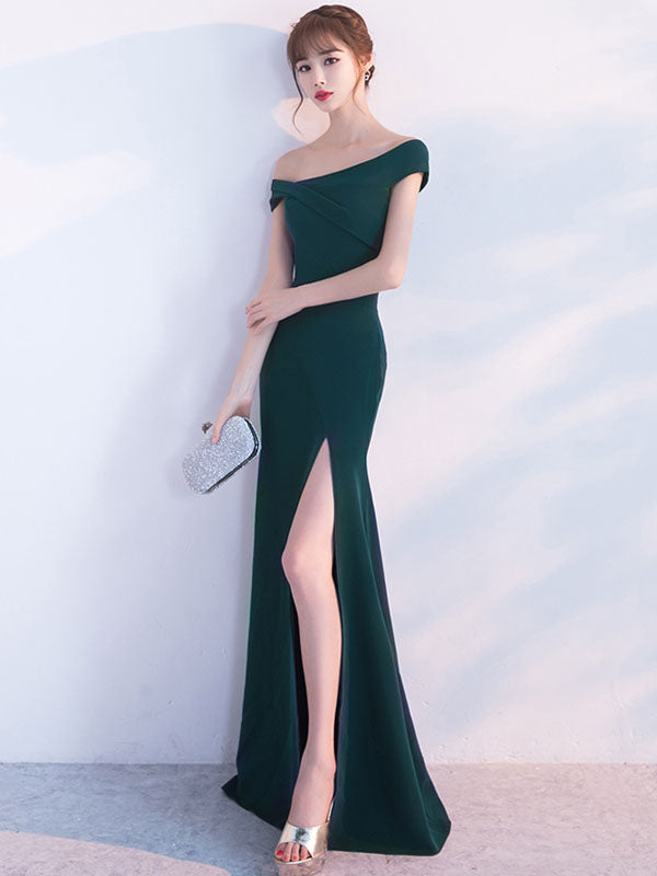 Gorgeous Mermaid Dress Oblique Short Sleeve Long Evening Dresses Dark Green Split Occasion Dresses With Train-showprettydress