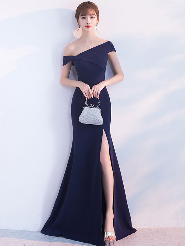 Gorgeous Mermaid Dress Oblique Short Sleeve Long Evening Dresses Dark Green Split Occasion Dresses With Train-showprettydress