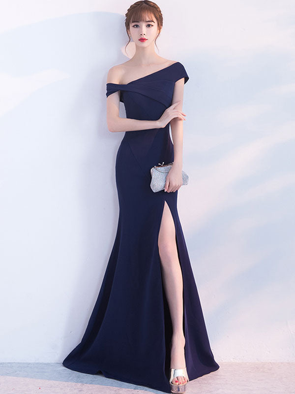 Gorgeous Mermaid Dress Oblique Short Sleeve Long Evening Dresses Dark Green Split Occasion Dresses With Train-showprettydress