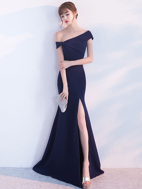 Gorgeous Mermaid Dress Oblique Short Sleeve Long Evening Dresses Dark Green Split Occasion Dresses With Train-showprettydress