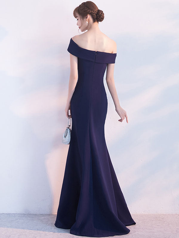 Gorgeous Mermaid Dress Oblique Short Sleeve Long Evening Dresses Dark Green Split Occasion Dresses With Train-showprettydress