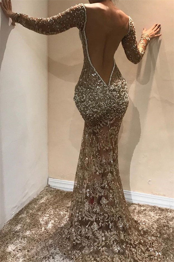 Gorgeous Mermaid Long Sleevess Open Back Sequins Prom Dresses-showprettydress