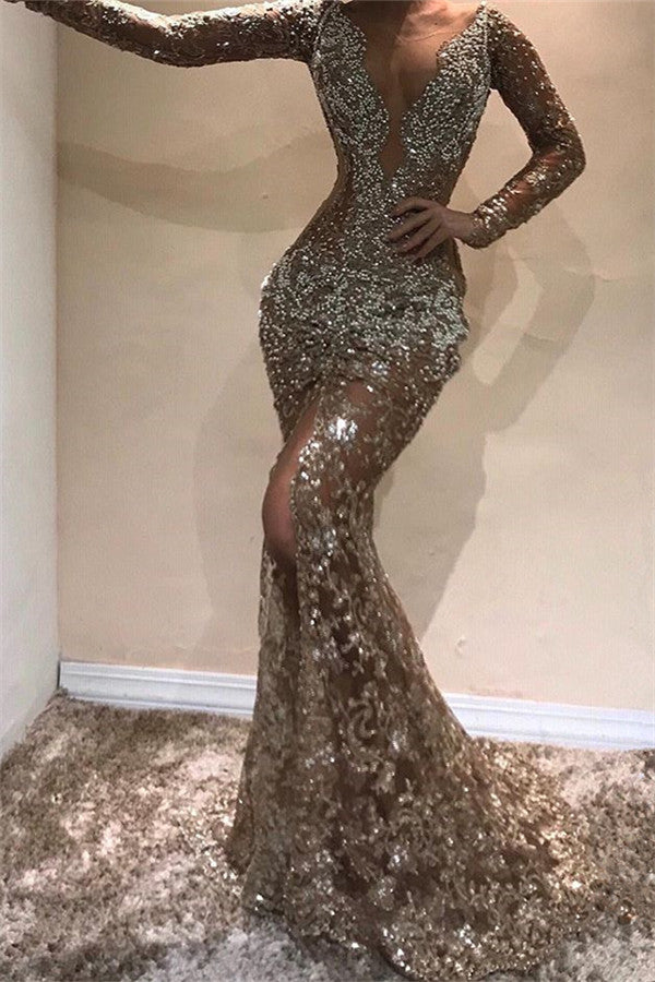 Gorgeous Mermaid Long Sleevess Open Back Sequins Prom Dresses-showprettydress