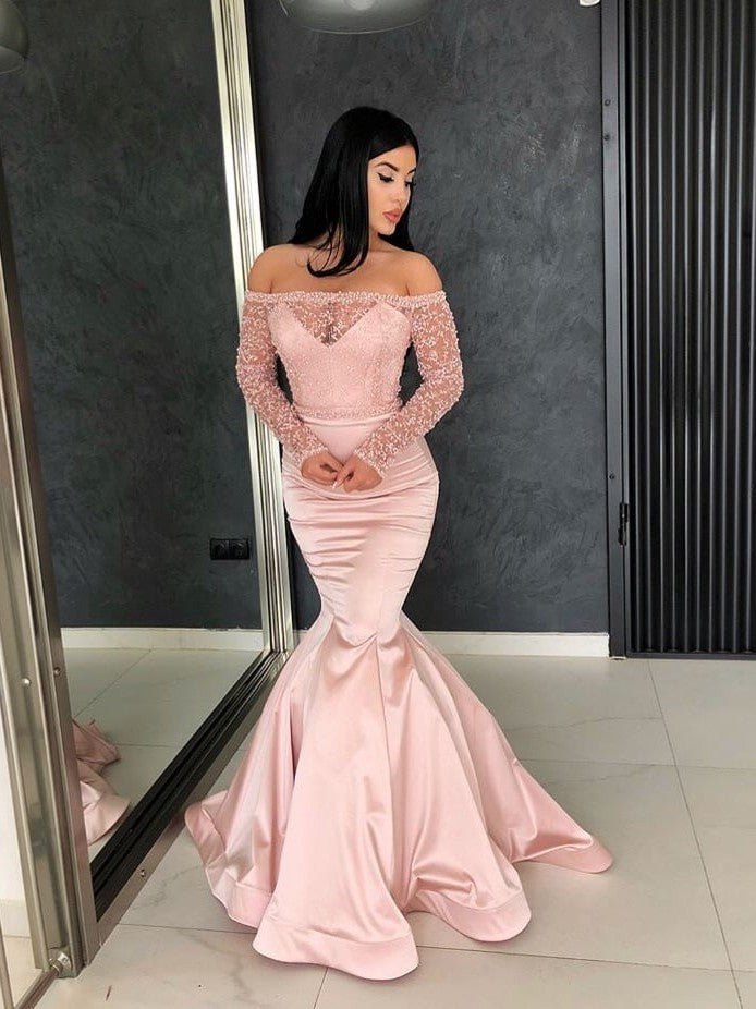 Gorgeous Mermaid Off-the-Shoulder Prom Gowns Long Sleeves Lace Evening Dresses-showprettydress