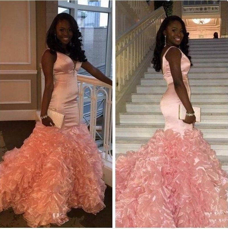 Gorgeous Mermaid Ruffles Sleeveless Pink V-neck Prom Party Gowns-showprettydress