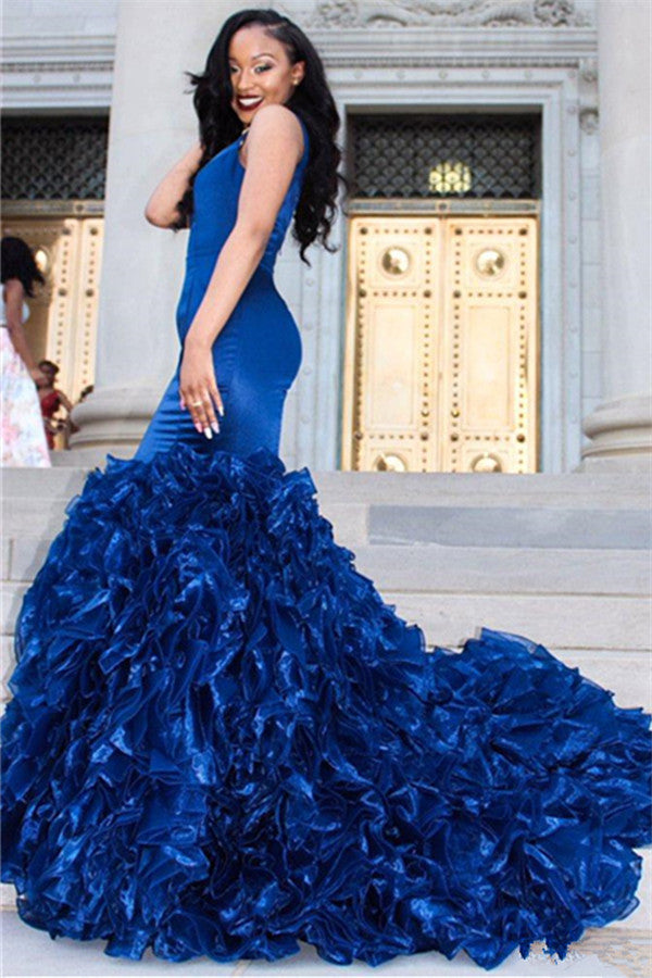 Gorgeous Mermaid Ruffles Sleeveless Pink V-neck Prom Party Gowns