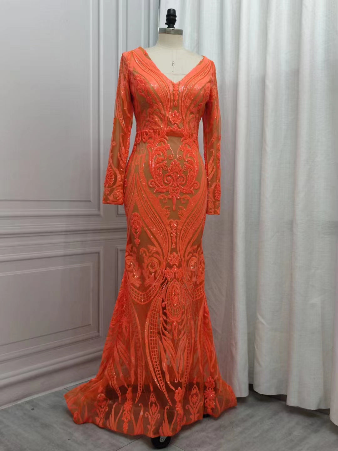 Gorgeous Mermaid V-neck Orange Sparkle Prom Dresses-showprettydress