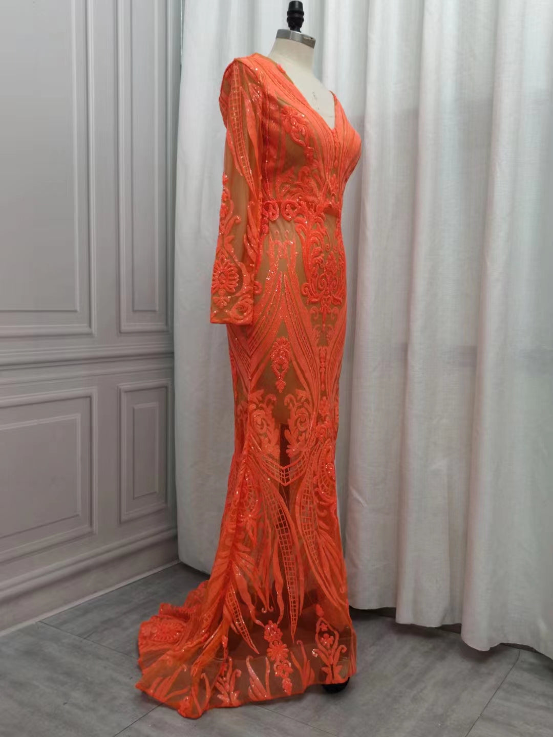 Gorgeous Mermaid V-neck Orange Sparkle Prom Dresses-showprettydress