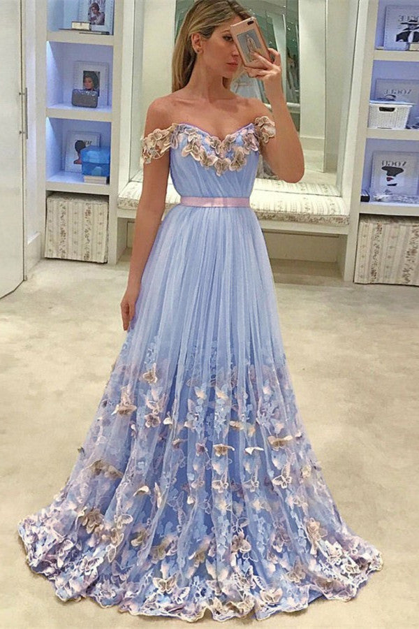 Gorgeous New in Off-the-Shoulder Evening Dresses Tulle Flowers Open Back Prom Party Gowns-showprettydress