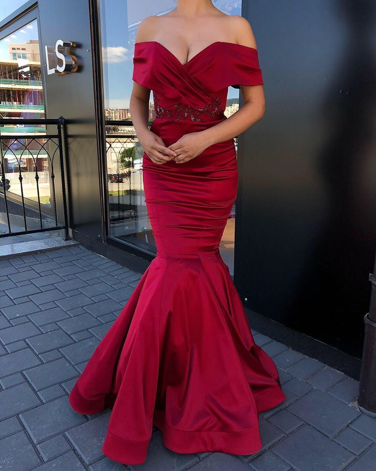 Gorgeous Off-the-shoulder Burgundy Jewel Mermaid Prom Party Gowns-showprettydress