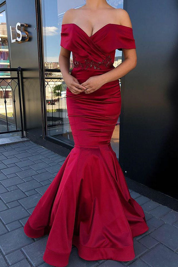 Gorgeous Off-the-shoulder Burgundy Jewel Mermaid Prom Party Gowns-showprettydress