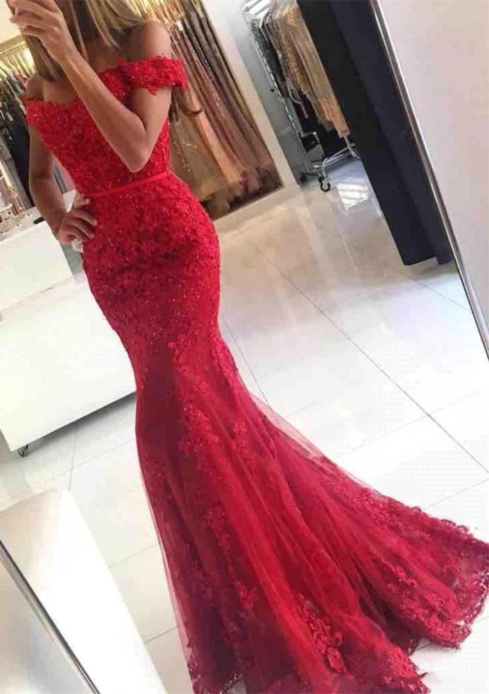 Gorgeous Off-the-shoulder Lace Appliques Red Mermaid Evening Dress-showprettydress