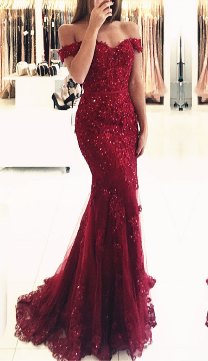 Gorgeous Off-the-shoulder Lace Appliques Red Mermaid Evening Dress-showprettydress