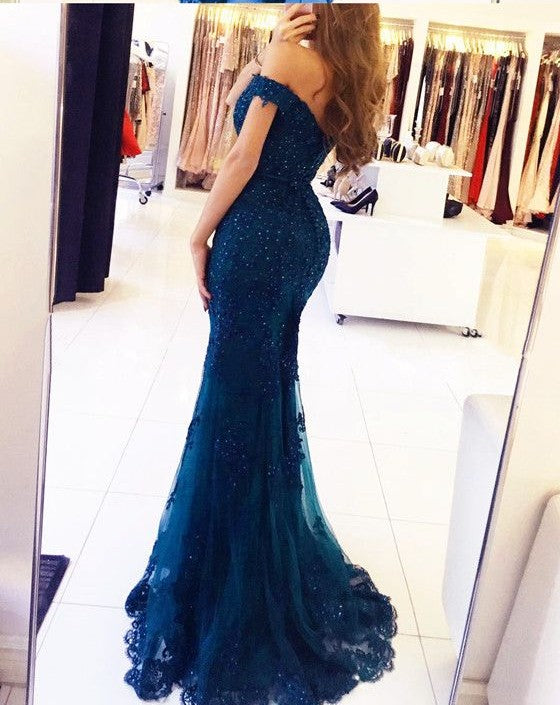 Gorgeous Off-the-shoulder Lace Appliques Red Mermaid Evening Dress-showprettydress