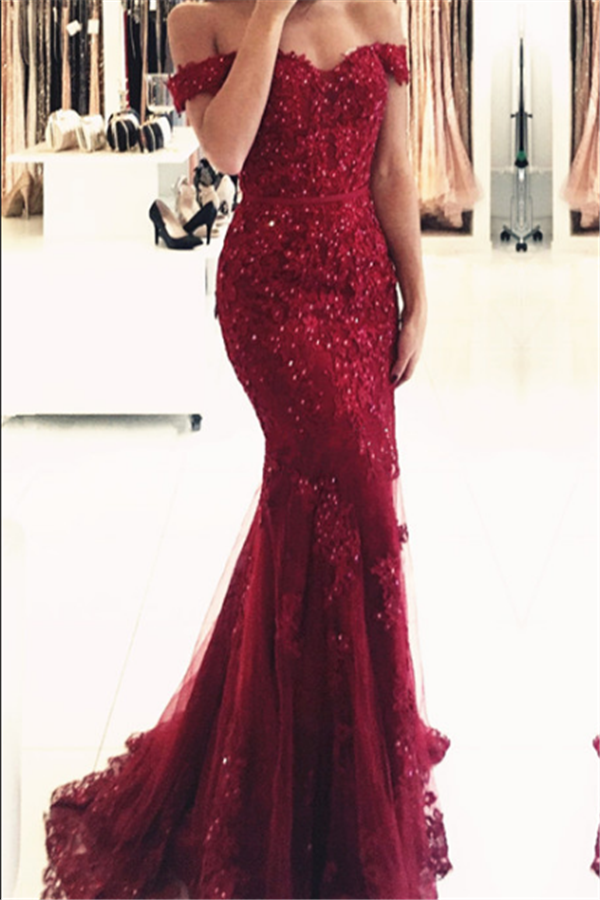 Gorgeous Off-the-shoulder Lace Appliques Red Mermaid Evening Dress-showprettydress