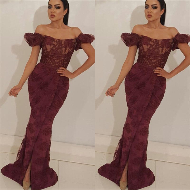 Gorgeous Off-the-Shoulder Lace Prom Party Gowns| Charming Mermaid Front Slit Long Prom Party Gowns-showprettydress