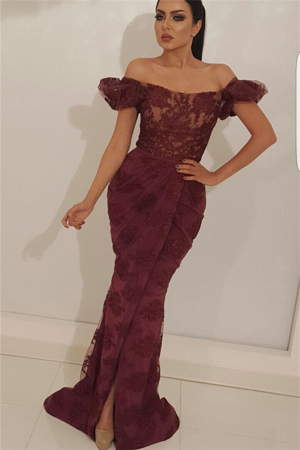 Gorgeous Off-the-Shoulder Lace Prom Party Gowns| Charming Mermaid Front Slit Long Prom Party Gowns-showprettydress