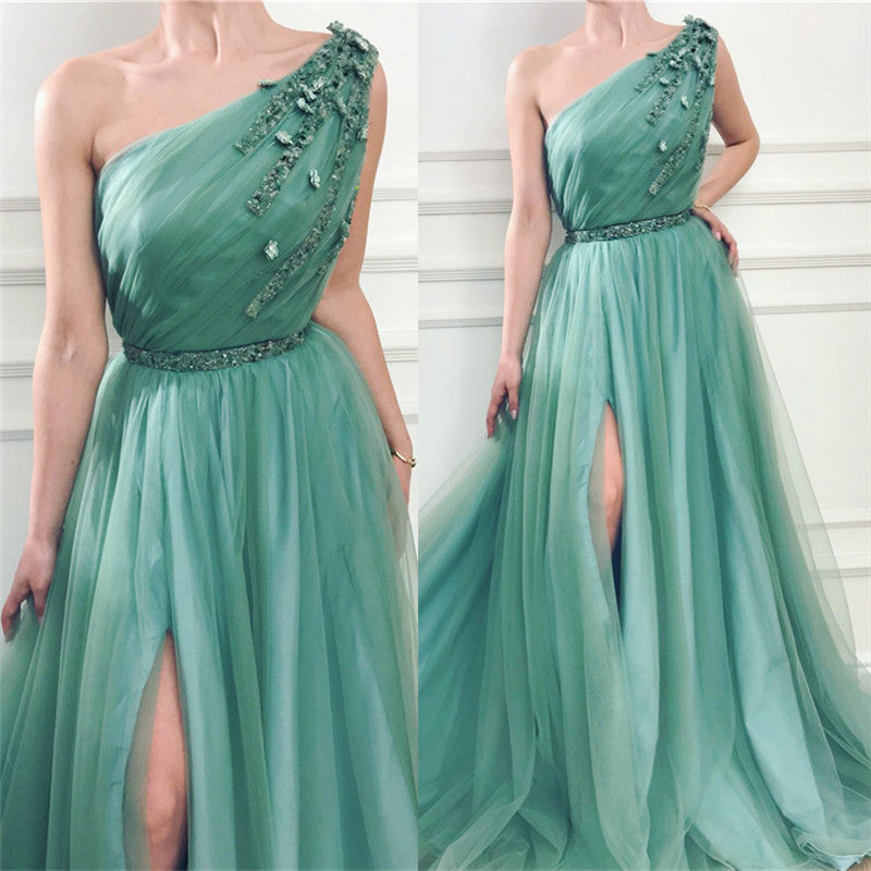 Gorgeous One Shoulder Green Tulle Prom Party Gowns with Beading Chic Front Slit Long Prom Party Gowns with Beading Sash-showprettydress