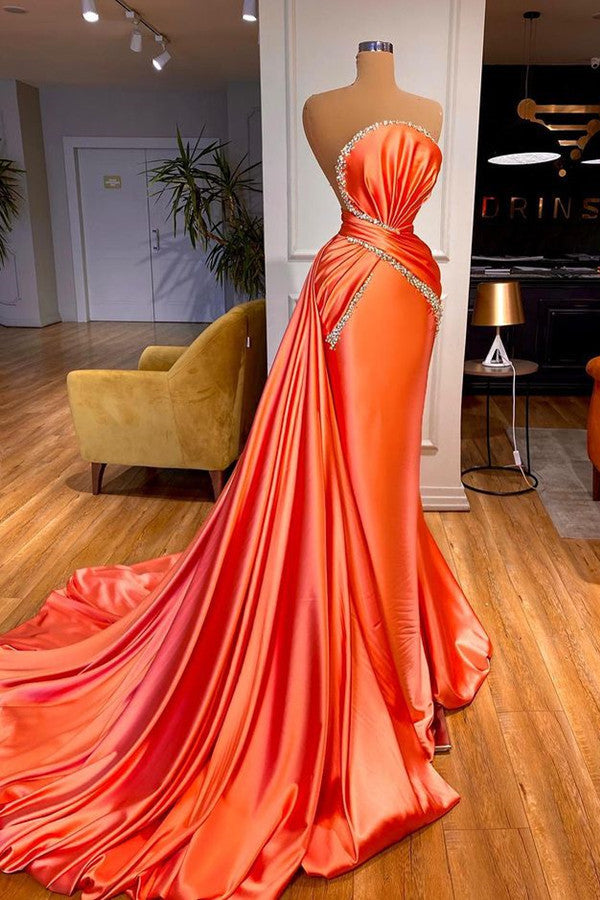 Gorgeous Orange Long Mermaid Satin Prom Dress With Detachable Train Gorgeous Orange Long Mermaid Satin Prom Dress With Detachable Train