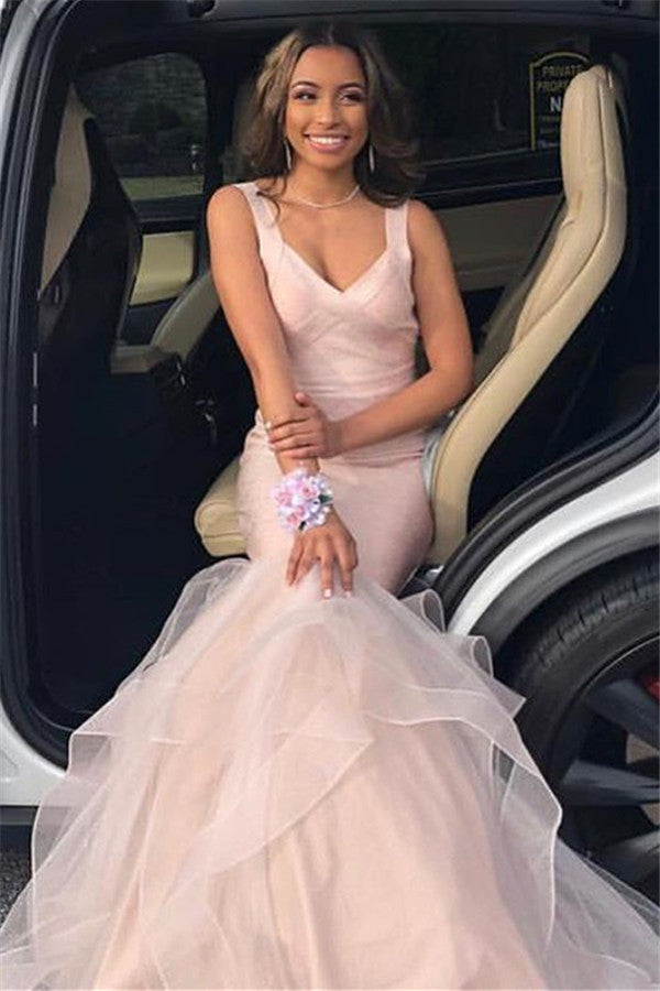 Gorgeous Pink Hot V-Neck Prom Dresses Mermaid Falbala Soft Tulle Sleeveless Chic Evening Dresses-showprettydress