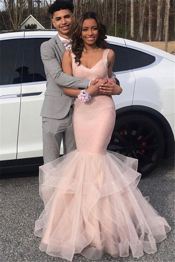 Gorgeous Pink Hot V-Neck Prom Dresses Mermaid Falbala Soft Tulle Sleeveless Chic Evening Dresses-showprettydress