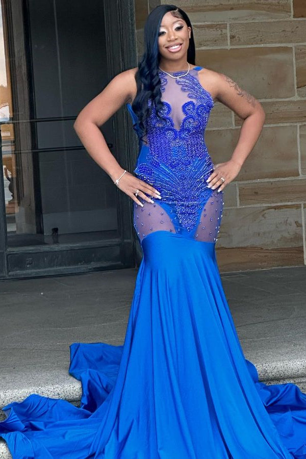 Gorgeous Royal Blue Jewel Crystal Mermaid Sleeveless Prom Dress-showprettydress