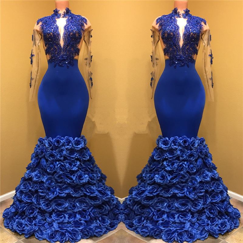 Gorgeous Royal Blue Prom Dresses Long Sleevess Evening Gowns with Rose Flowers-showprettydress