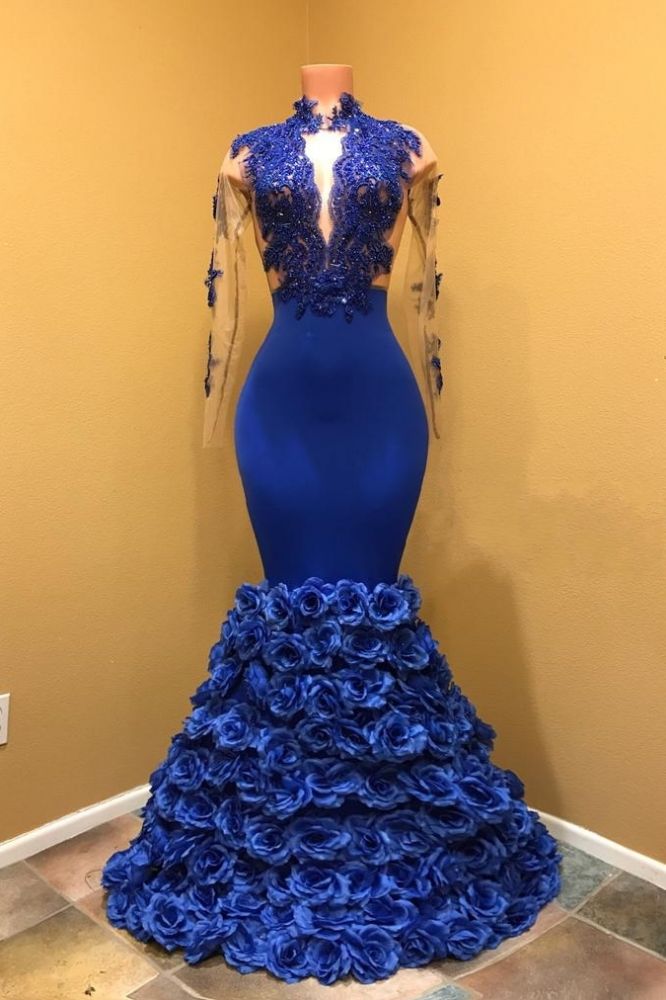 Gorgeous Royal Blue Prom Dresses Long Sleevess Evening Gowns with Rose Gorgeous Royal Blue Prom Dresses Long Sleevess Evening Gowns with Rose