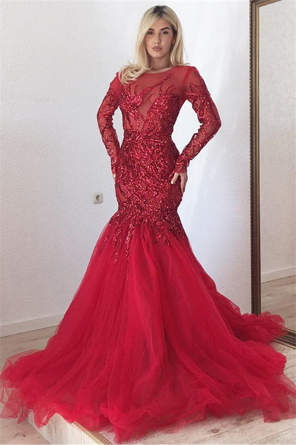 Gorgeous Scarlet Long Sleevess Mermaid Prom Dresses Sparkle Sequins Fi Gorgeous Scarlet Long Sleevess Mermaid Prom Dresses Sparkle Sequins Fi