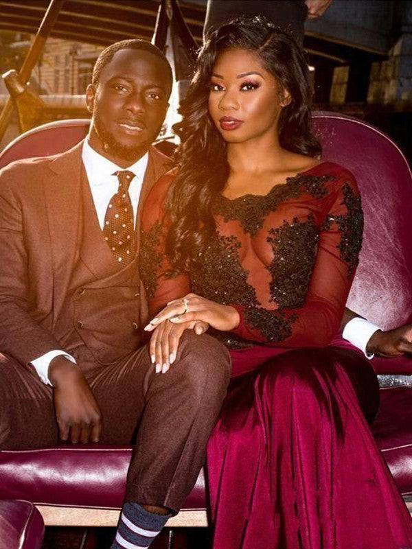 Gorgeous Scoop Long Sleevess Appliques Tulle Mermaid Floor-Length Prom Dresses-showprettydress