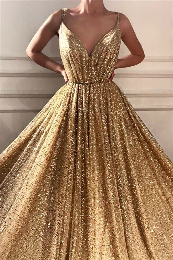 Gorgeous Sequins Spaghetti Straps Long Prom Party Gowns| Sparkle V-neck Sleeveless Gold Prom Party Gowns-showprettydress