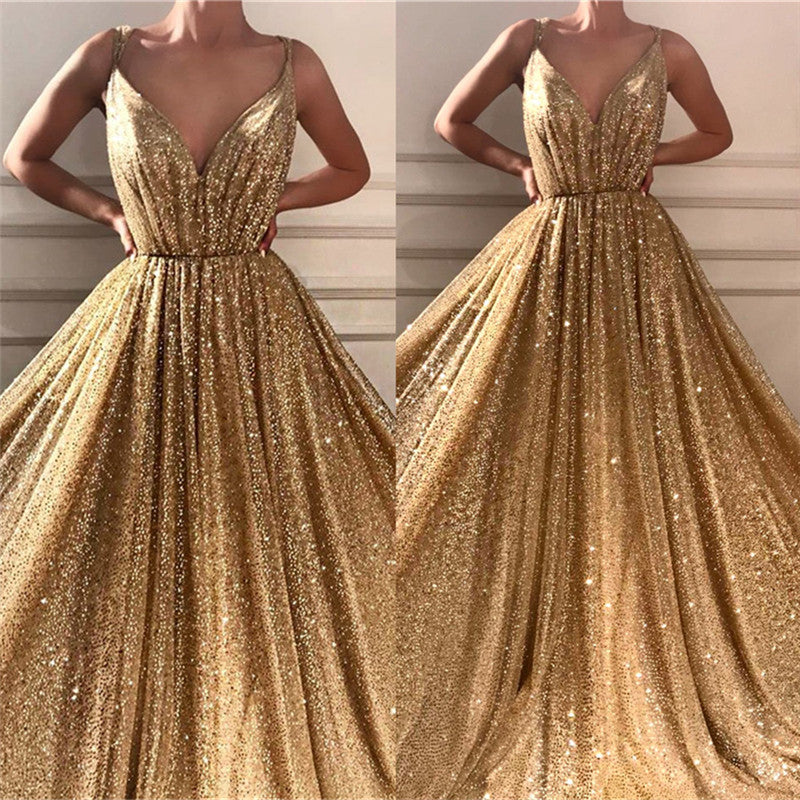 Gorgeous Sequins Spaghetti Straps Long Prom Party Gowns| Sparkle V-neck Sleeveless Gold Prom Party Gowns-showprettydress