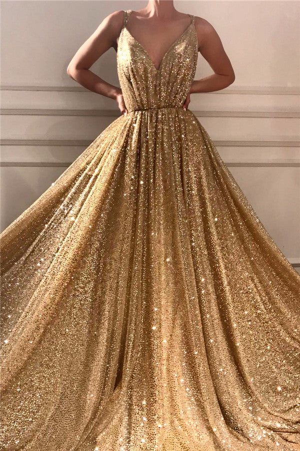 Gorgeous Sequins Spaghetti Straps Long Prom Party Gowns| Sparkle V-neck Sleeveless Gold Prom Party Gowns-showprettydress