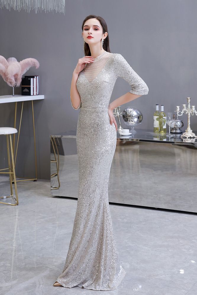 Gorgeous Silver Long Sleevess Long Prom Party Gowns-showprettydress