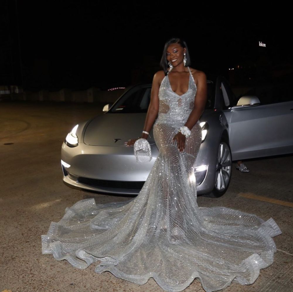 Gorgeous Silver Sequins See Through Halter Mermaid Court Train Prom Dresses-showprettydress