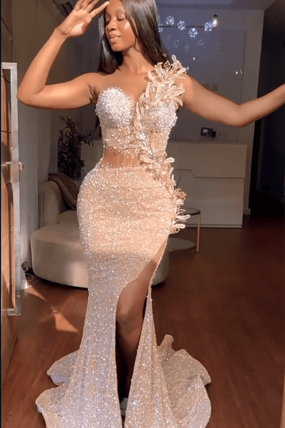 Gorgeous Sweetheart Sleeveless Mermaid Prom Dresses With Split Sequins Beadings-Showprettydress