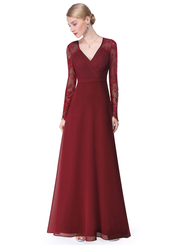 Gorgeous V Neck Evening Dress Illusion Lace Sleeve Mother Of The Bride Dress-showprettydress