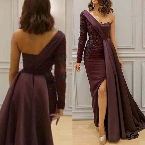 Graceful Asymmetric Splicing One Shoulder Appliques Spandex Satin Party Dresses Floor Length Open Back Evening Gowns With Waist Band-showprettydress