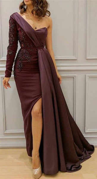 Graceful Asymmetric Splicing One Shoulder Appliques Spandex Satin Party Dresses Floor Length Open Back Evening Gowns With Waist Band-showprettydress