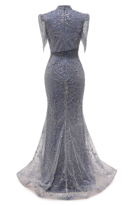 Gray Mermaid Sparkle Half Sleeves V-neck High neck Evening Dresses-showprettydress