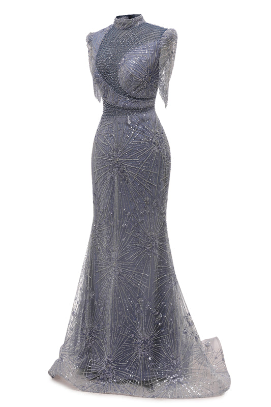 Gray Mermaid Sparkle Half Sleeves V-neck High neck Evening Dresses-showprettydress