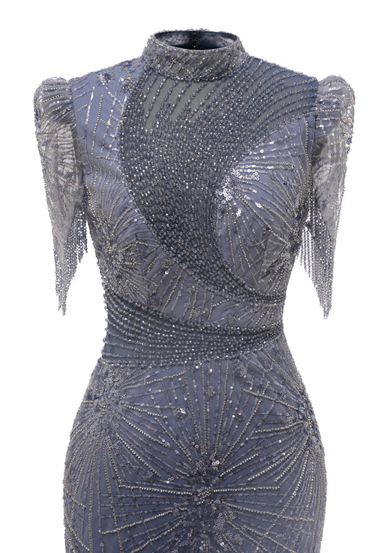 Gray Mermaid Sparkle Half Sleeves V-neck High neck Evening Dresses-showprettydress