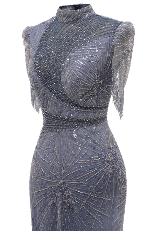 Gray Mermaid Sparkle Half Sleeves V-neck High neck Evening Dresses-showprettydress