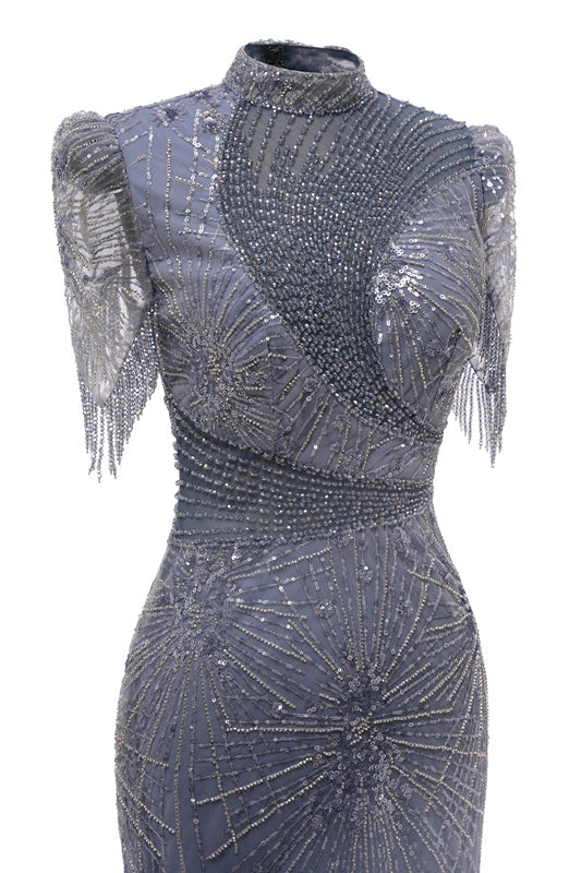 Gray Mermaid Sparkle Half Sleeves V-neck High neck Evening Dresses-showprettydress