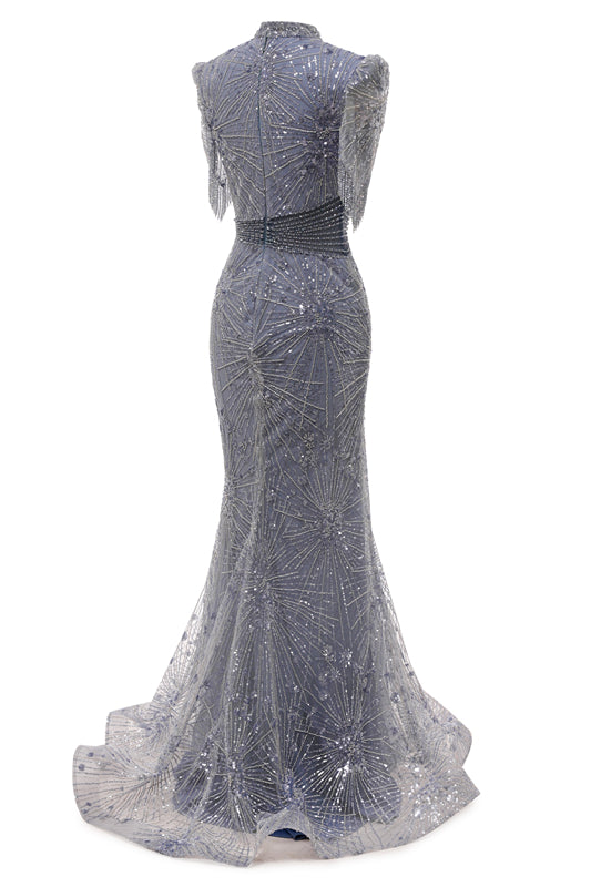 Gray Mermaid Sparkle Half Sleeves V-neck High neck Evening Dresses-showprettydress