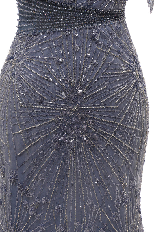 Gray Mermaid Sparkle Half Sleeves V-neck High neck Evening Dresses-showprettydress