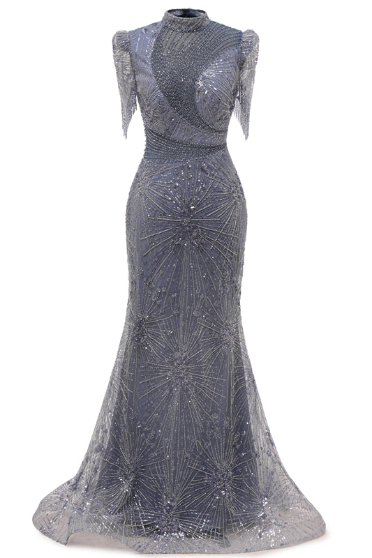 Gray Mermaid Sparkle Half Sleeves V-neck High neck Evening Dresses-showprettydress