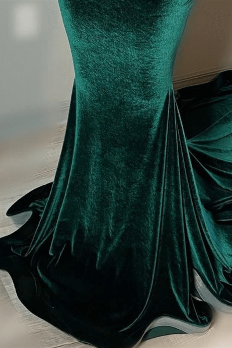 Green Velvet Mermaid Beadings Sheer Tulle Sexy Prom Dress-showprettydress